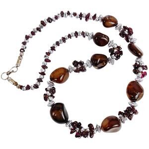 Vintage Brown Gemstone Agate Garnet Silver Tone Beaded Necklace 22" Boho Jewelry